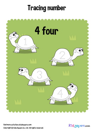Tracing number 4 four turtles
